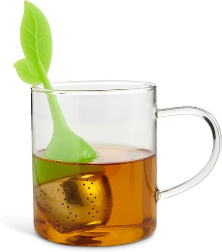 Vista 3 de HIC Kitchen Infusor de té Leaf con bandeja de goteo, té de hierbas de hojas sueltas, acero inoxidable 18/8 y silicona, juego de 2