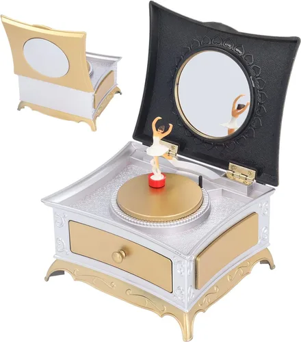 Vista 2 de Caja de joyería de música bailarina, caja de joyería musical, pequeña caja de joyería con tema de bailarina giratoria, color blanco plateado
