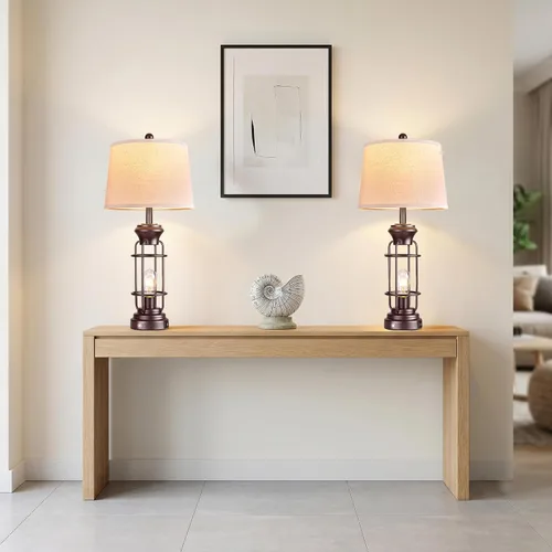 Vista 4 de Reaketon - Juego de 2 lámparas de mesa para sala de estar, lámpara de mesa de 71 cm de alto estilo granja con acabado de bronce cepillado al óleo