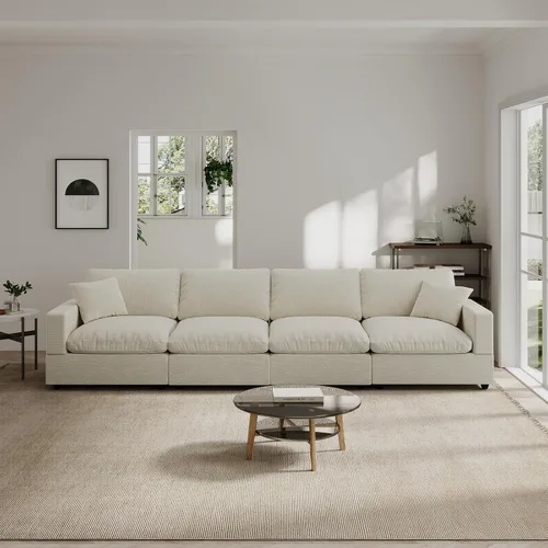 Vista 48 de Sofá seccional moderno de lino en forma de L para sala de estar, sofás modulares con relleno de plumón, fundas de cojín de sofá desmontables, sofá