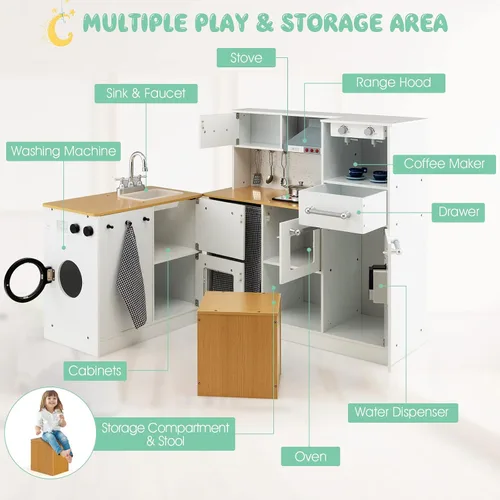 Vista 8 de GLACER Juego de cocina de madera para niños, cocina de juego de simulación de 2 piezas con luces y sonidos realistas, lavadora, dispensador de agua