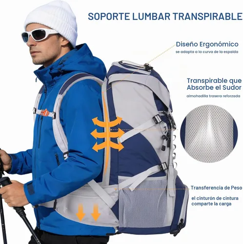 Vista 6 de MOSISO Mochila de senderismo 50L, mochila de camping impermeable