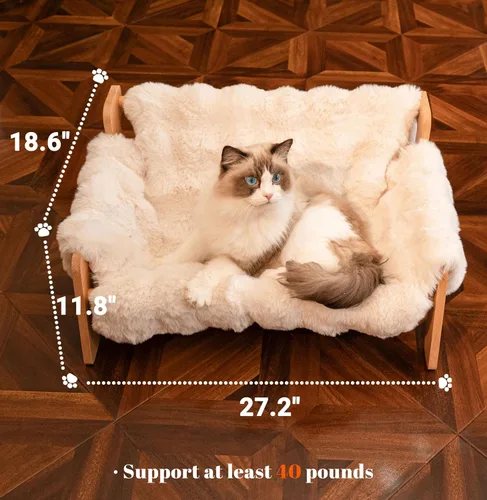Vista 5 de Cama de Sofá Elevada para Gatos de Interior, Sofá de Madera para Gatos con Funda Esponjosa Lavable Extraíble, Silla de Descanso para Gatitos Sofá
