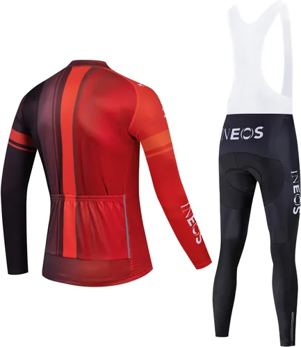 Vista 20 de Conjunto de ropa de ciclismo para hombre, manga larga, jersey de ciclismo con cremallera, bolsillo, traje de bicicleta, pantalones con babero de gel
