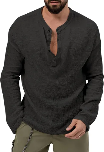 Vista 8 de Camisa Henley con botones para hombre, cuello redondo, ligera, de manga larga, casual, holgada, transpirable, a la moda