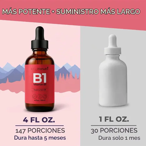 Vista 4 de LongLifeNutri Gotas líquidas de vitamina B1, suplemento de mononitrato de tiamina para energía y salud nerviosa, absorción rápida, 4 onzas líquidas
