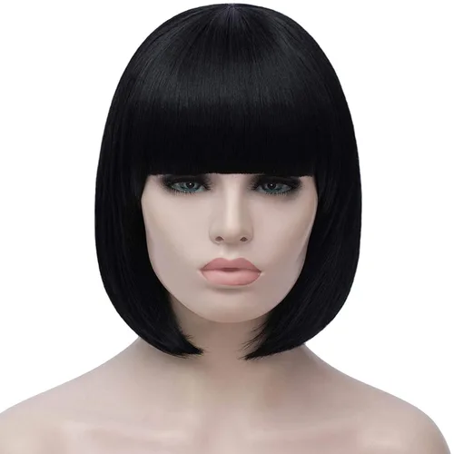 Vista 2 de Peluca de pelo corto Bob con flequillo recto sintético peluca natural como pelo real 12 pulgadas Natural Fashion Synthetic Wig, Cute Colored Wigs