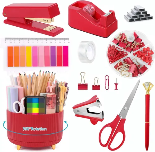 Vista 9 de Suministros de oficina, accesorios de escritorio negros, juego de suministros de oficina, juego de grapadora y dispensador de cinta, tijeras