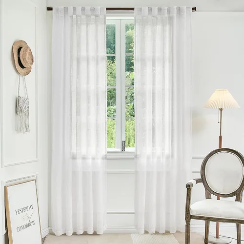 Vista 18 de 2 paneles de cortinas de lino transparente natural de 45 pulgadas, color beige para ventanas pequeñas, bolsillo con pestaña trasera, cortinas cortas