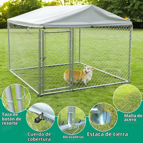 Vista 2 de VIVIJASON Jaula para perros grande para exteriores, resistente, con eslabones de cadena galvanizados, corralito exterior con cubierta impermeable