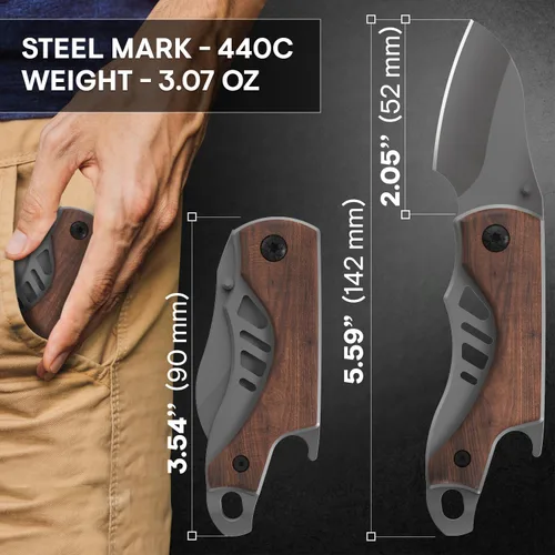Vista 3 de Cuchillo de bolsillo pequeño para hombres – Cuchillo de llavero de 5.7 pulgadas con abridor de botellas – Cortador de cajas – Mango de madera