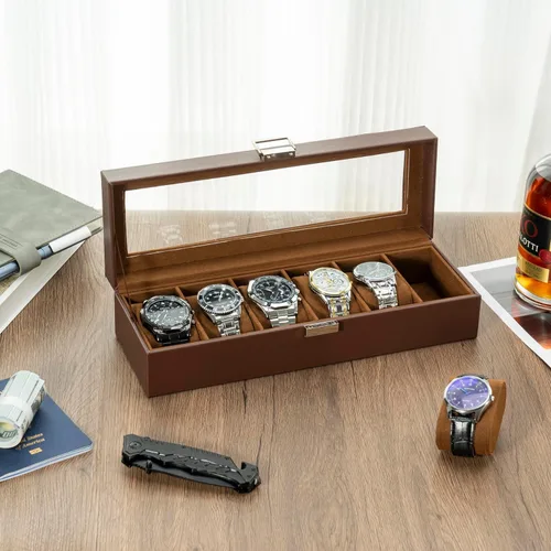 Vista 6 de ProCase Caja de reloj para hombre, estuche de exhibición de reloj con 6 ranuras para hombre, organizador de caja de reloj de piel sintética