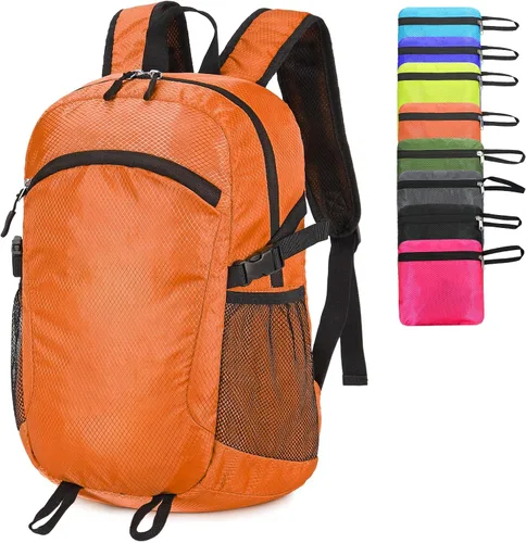 Vista 16 de Mochila pequeña de senderismo para viajes, ligera, plegable, mochila de día resistente al agua, mochilas plegables de 15L para viajes, mujeres, Negro