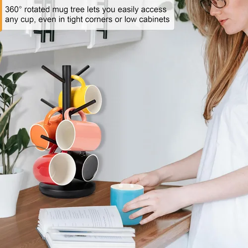 Vista 6 de MyLifeUNIT Árbol Portatarjetas, Soporte para Tazas Giratorias 360° con 6 Ganchos, Organizador de Soporte para Tazas de Café de Madera para Encimera