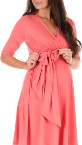 Vista 4 de Mother Bee Maternity - Vestido de maternidad de media manga, diseño cruzado de imitación con lazo frontal Coral