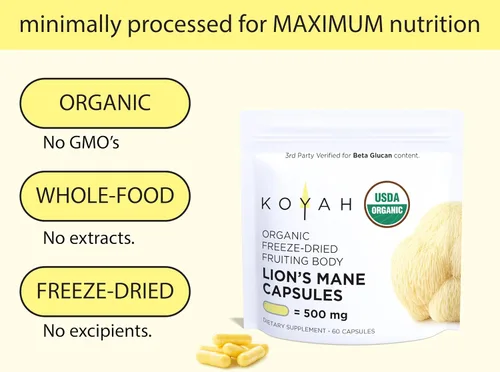 Vista 3 de KOYAH - Cápsulas orgánicas de hongo melena de león, liofilizadas: 60 unidades 100% Fruiting Body, USA Grown, 500 mg per Capsule, 3rd Party Tested