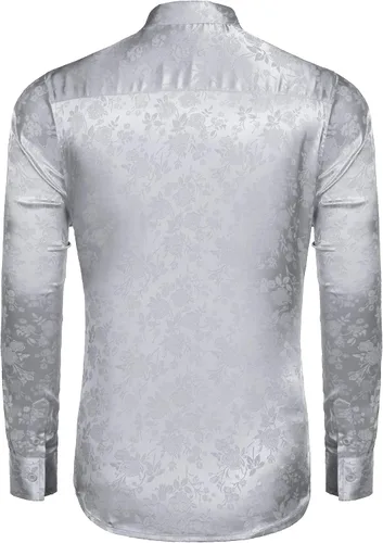 Vista 4 de COOFANDY - Camisas de vestir de seda de satén para hombre, con manga larga, diseño jacquard floral, botones, para fiesta, graduación y boda