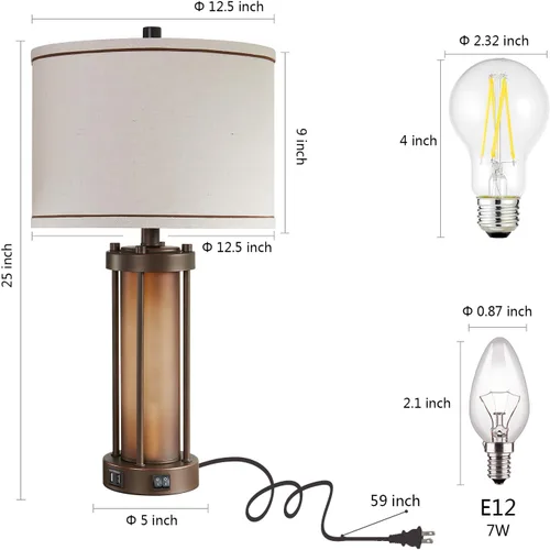 Vista 6 de Juego de 2 lámparas de mesa de estilo granja para sala de estar con 2 puertos de carga USB, lámparas rústicas vintage para mesita de noche con luz