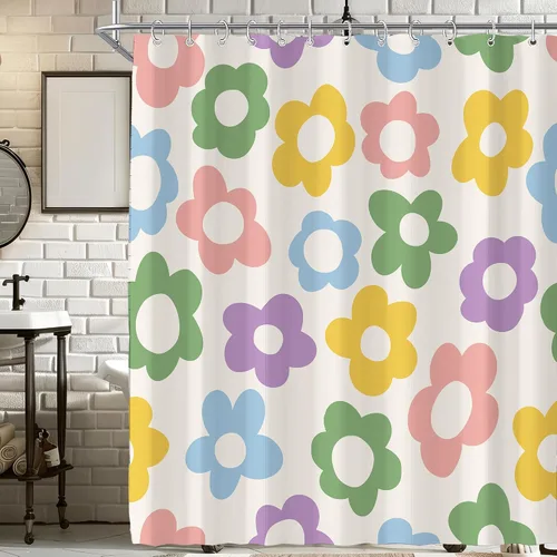 Vista 42 de Cortina de ducha pequeña para casa rodante, tamaño medio, estilo retro de los 70, con flores bonitas, estética abstracta de margaritas, decorativa
