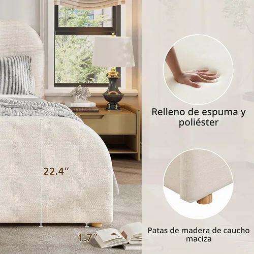 Vista 4 de Merax Marco de cama tamaño Queen, cama de plataforma tapizada de lino con cabecero y estribo de 44 pulgadas de alto, base de madera maciza, diseño