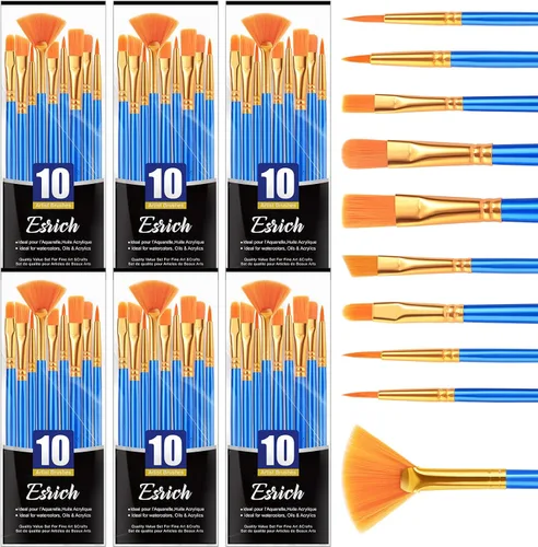 Vista 10 de ESRICH 10 piezas pinceles, pincel para pintura acrílica, juego de pinceles de pintura acrílica para óleo acuarela, lienzo de roca para cuerpo