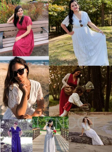 Vista 6 de Blencot - Vestido largo casual, bohemio, de noche, cuello en V, de encaje y estampado floral para mujeres, vestido largo para bodas, cóctel y fiesta
