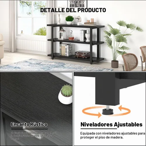 Vista 6 de FOLUBAN Mesa de entrada negra, mesas consola modernas con estantes de almacenamiento de 3 niveles para sala de estar, mesa de sofá de madera y metal