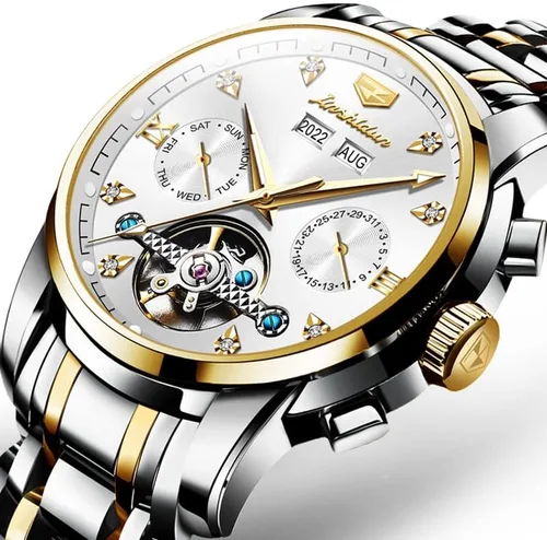 Vista 5 de JSDUN Relojes para hombre automático de cuerda automática, reloj de pulsera mecánico, multicalendario, acero inoxidable, mes, fecha, semana