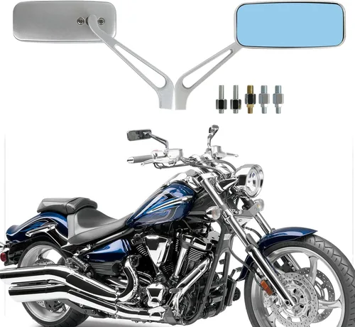 Vista 8 de Black Rectangle Motorcycle Bobber espejos para motocicleta cruiser chopper con humo azul 8 mm-10 mm, Negro