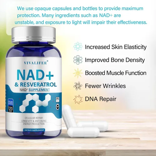 Vista 3 de Suplemento alternativo NMN 1500 mg – 120 cápsulas (suministro para 40 días) NAD+ de alta pureza y resveratrol para anti-envejecimiento, apoyo