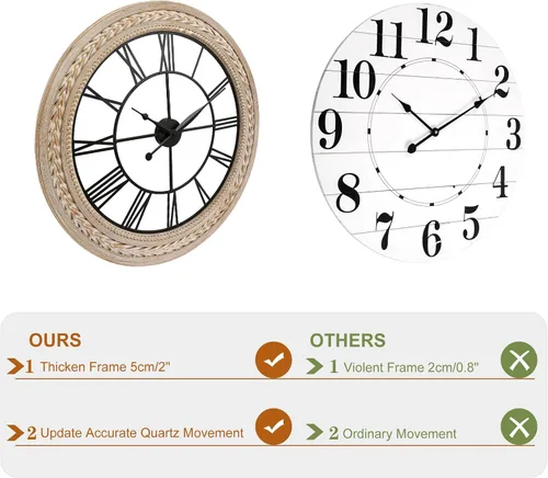 Vista 7 de RiteSune Reloj de pared de 30 pulgadas de decoración, relojes de pared de granja que funcionan con pilas, silenciosos, relojes grandes de bambú