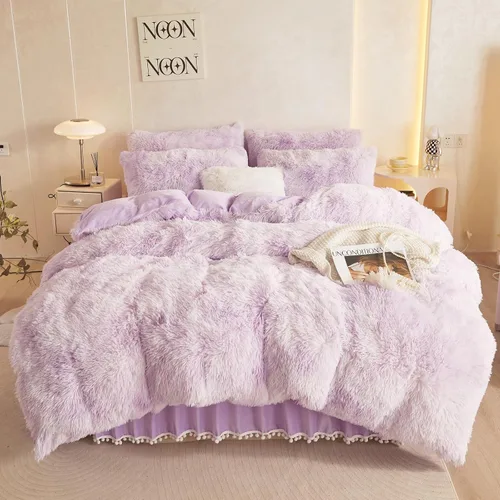 Vista 30 de Juego de funda de edredón beige peludo tamaño individual, juego de ropa de cama individual de piel sintética beige de 2 piezas
