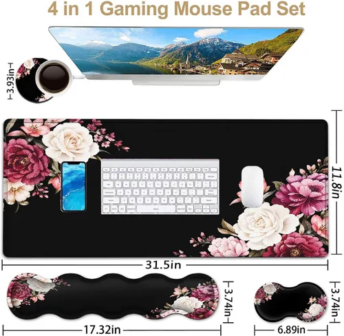Vista 5 de Alfombrilla de mouse negra, juego de alfombrillas de mouse para teclado, alfombrilla de mouse extendida para juegos + soporte para reposamuñecas