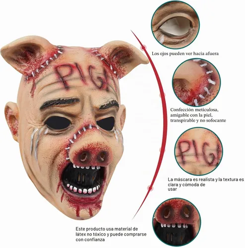 Vista 3 de Máscara de cerdo aterrador, máscara realista de animales de terror para Halloween