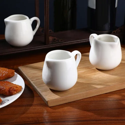 Vista 5 de Luxshiny Jarra de cerámica de 6 piezas, pequeña jarra de salsa blanca de porcelana con mango para salsa, café, leche