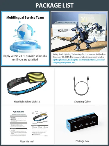 Vista 8 de Smiling Shark Linterna frontal recargable, paquete de 2 unidades, ángulo amplio, 6 luces blancas, la lámpara de cabeza LED más brillante con sensor