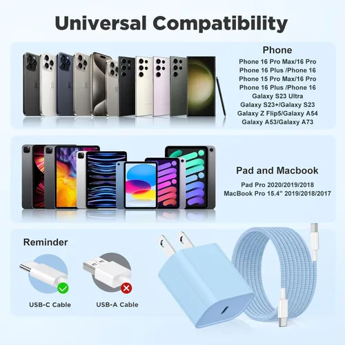 Vista 6 de Carga rápida USB C de 20 W para iPhone 17 Air/16/15 Pro Max, paquete de 3 bloques de carga coloridos mezclados con cables USB C a C largos trenzados