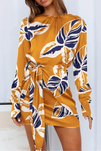 Vista 2 de PRETTYGARDEN Vestido de satén de primavera para mujer, manga larga, lazo en la cintura, elegante, cóctel, fiesta, mini vestidos de otoño