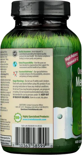 Vista 4 de Irwin Naturals Vitamina de metilcobalamina de alta potencia Mega B-12 de 1,500 mcg, absorción rápida y mejorada con MCT + ginseng asiático, impulso