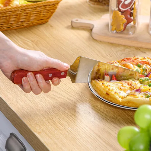 Vista 5 de Zhehao Paquete de 20 espátulas de pizza con mango de madera, acero inoxidable, espátula triangular antideslizante, fácil de agarrar, espátula