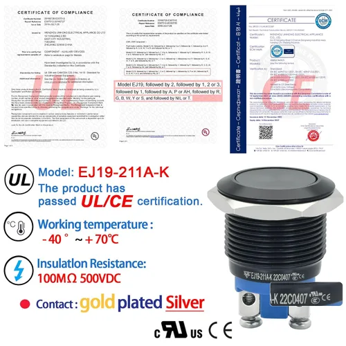 Vista 2 de 2 piezas de interruptor de botón de presión de 19 mm, negro, momentáneo, impermeable IP67, metal, plano, redondo, 3/4 pulgadas, 12 V, 24 V, 36 V
