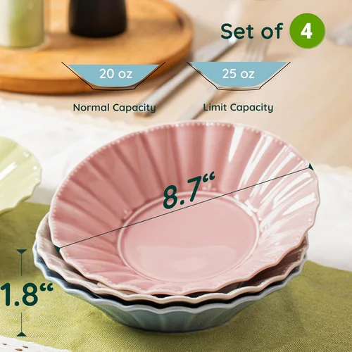 Vista 2 de HOMBENE - Juego de 4 cuencos de cerámica para pasta, de 25 onzas, estilo ondulado, ensaladas, sopa, pasta, fideos, cena, aptos para microondas