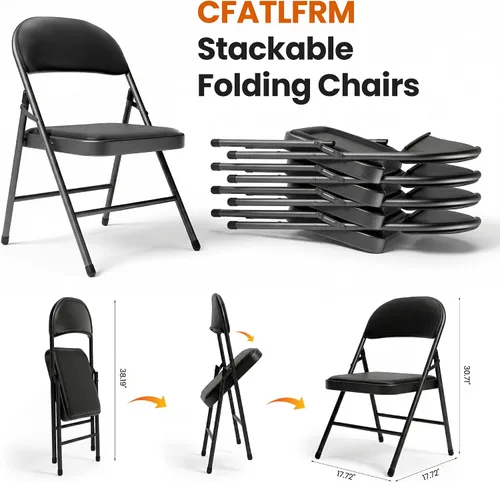 Vista 7 de Paquete de 4 sillas plegables negras, sillas plegables acolchadas con asiento y respaldo de piel sintética, sillas plegables de metal portátiles
