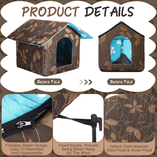 Vista 3 de Casa para gatos al aire libre, casas impermeables para gatos salvajes, perros, refugio de mascotas, casa plegable para perros con manta