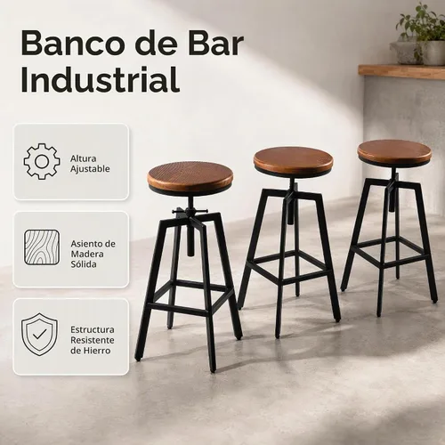 Vista 6 de Taburetes de bar industriales, silla de comedor de cocina, taburete de metal de madera, silla giratoria de altura ajustable, negro, juego de 2 Tapa