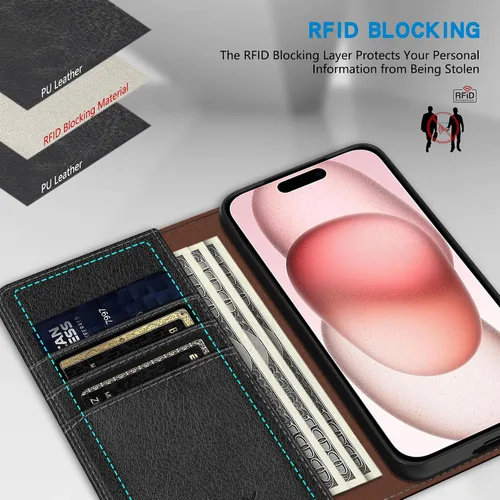 Vista 3 de ZZXX Funda tipo cartera para iPhone 15 con bloqueo RFID, soporte de ranura para tarjetas, funda protectora de cuero magnético fuerte plegable