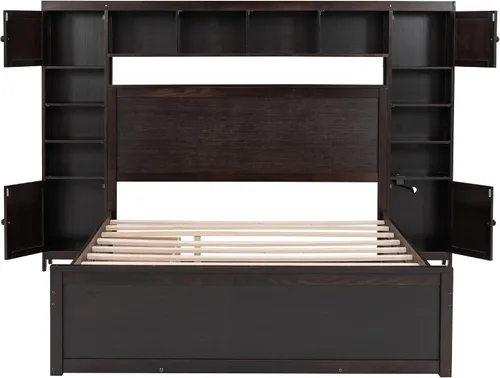 Vista 4 de Versátil cama de plataforma de madera tamaño Queen con armario y nido todo en uno, estante y enchufes, para niños, adolescentes y adultos, uso