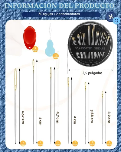 Vista 2 de FIVEIZERO Juego de 30 Agujas de Acero para Costura a Mano, Kit de 6 Tamaños de Agujas de Ojo Grande para Bordado y Costura a Mano con Enhebradores