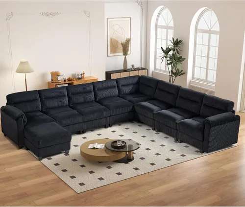 Vista 92 de HAOMARKETS Sofá esquinero modular en forma de L de 115 pulgadas con 2 otomanas móviles, sofás de pana de 8 plazas con cojín grueso para sala de Beige