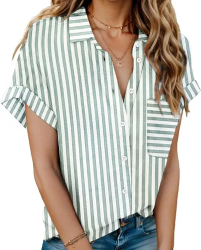 Vista 30 de HOTOUCH Camisas de Lino para Mujer con Botones Blusas de Manga Corta de Algodón Cuello en V con Cuello Tops de Gasa con Botones S-3XL